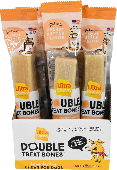 Ultra Chewy Peanut Butter Double Treat Bones: Long-Lasting Dog Treats Made in USA for Large and Small Breeds, Highly
