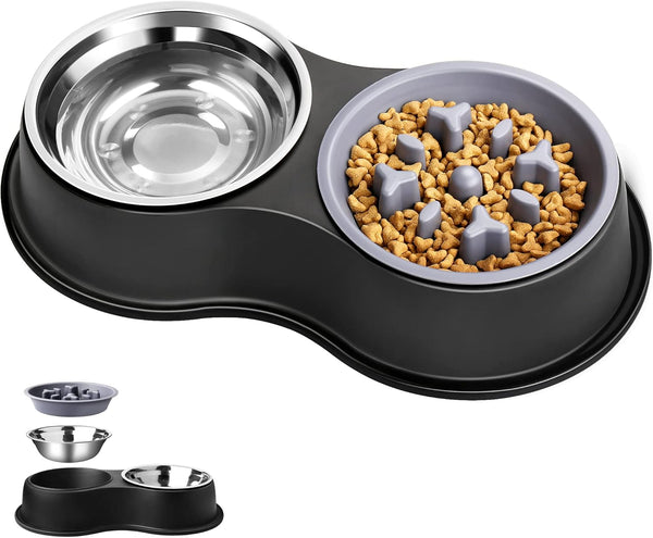 Dog Bowls, Double Dog Water and Food Bowls, Stainless Steel with Non-Slip Resin Station for Puppy and Medium Dogs
