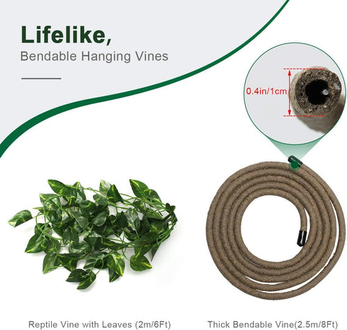 Coolrunner 8FT Reptile Vines and Flexible Leaves with Suction Cups Jungle Climber Habitat Decor for Lizards, Gecko