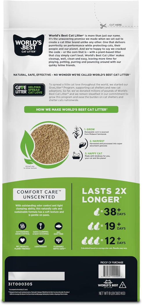 WORLD'S BEST CAT LITTER Comfort Care, Unscented, 8-Pounds, Quick Clumping, Flushable, 99% Dust Free