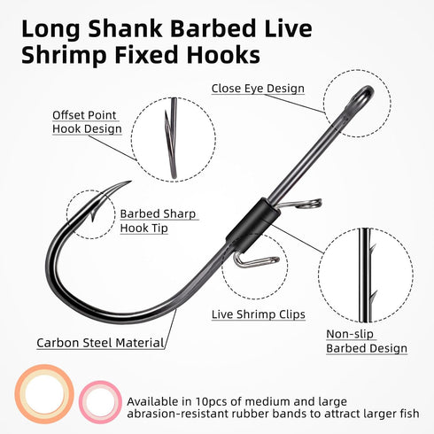 Genrico 10pcs Hook(Size4-0) Live Shrimp Hooks, Fishing Hooks, Live Shrimp Holder, High Strength Corrosion Resistant