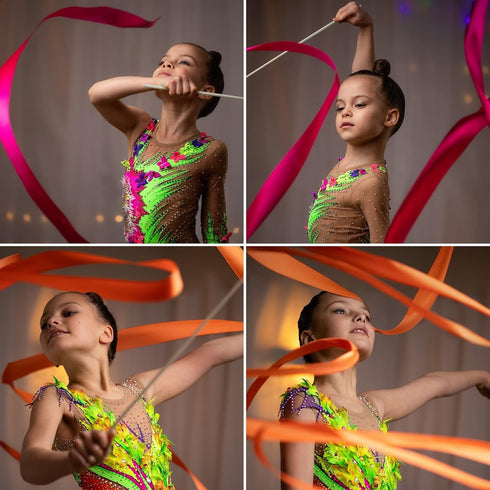 12pcs YGEOMER Ribbon Wands, Rainbow Gymnastics Ribbons for Kids, Twirling Dance Sticks for Artistic Dancing, Talent