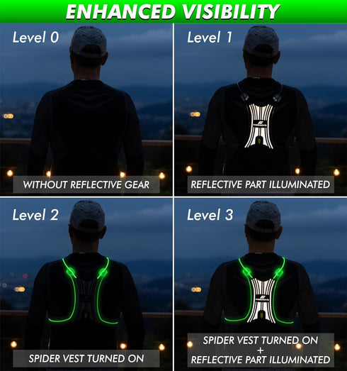 SPIDER Reflective Lighted Running Vest - 360° Visible, Ultralight, Fully Adjustable Size XS-3XL, Phone Pocket for Safe