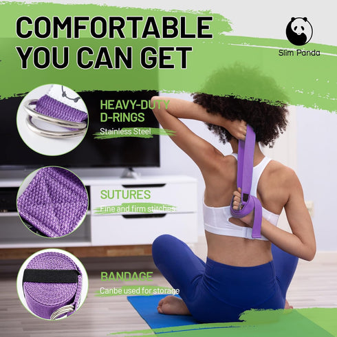Slim Panda Yoga Strap for Stretching, 10+ Colors, 6 Feet/8 Feet, Adjustable D-Ring Buckle for Fitness, Yoga, Pilates