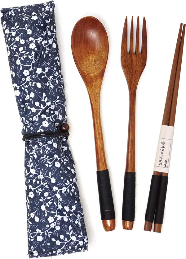 Honbay 3PCS Japanese Style Wooden Flatware Set with Retro Cloth Pouch for Travel or Daily Use