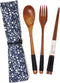 Honbay 3PCS Japanese Style Wooden Flatware Set with Retro Cloth Pouch for Travel or Daily Use