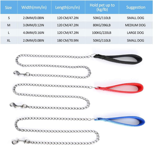 Pettom Heavy Duty Dog Chain Leash, Metal Lead with Padded Handle for Medium Large Dogs (6'/2.0mm Small Chain, Black)