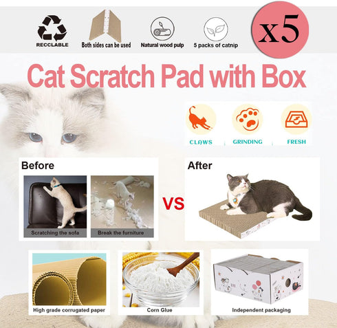 5 Packs in 1 Cat Scratch Pad with Box, Reversible Durable Cardboard Scratcher for Cats to Rest and Grind Claws