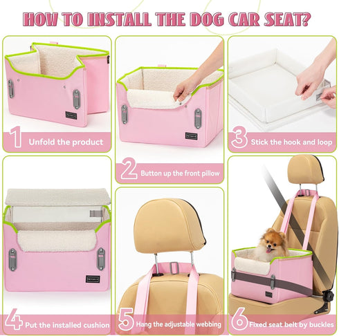 PETSFIT Small Dog Car Seat, Portable Booster Seat with Clip-On Leash, Adjustable Straps for Pets Up to 25lbs (Pink)