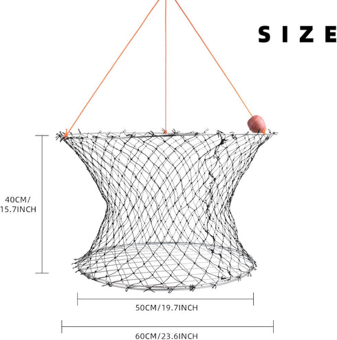 24" 20" 50' Double Ring Crab Trap - Steel Ring Crab Net, Top, Bottom, Rope, Bait Bag, Clip, Gauge for Dungeness, Rock
