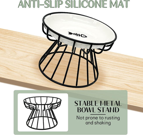 BNOSDM Elevated Cat Plate, Shallow Ceramic Dish with Gold Stand, Whisker Fatigue Flat Bowl for Indoor Small Cats and