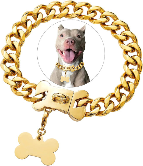 Heavy Duty Gold Chain Stainless Steel Cuban Link Dog Collar for Small Medium Large Dogs, American Bully (24")