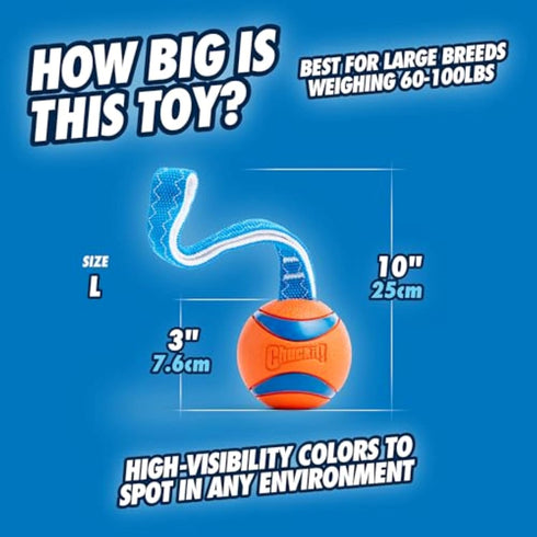 60-100 lbs 3-inch Chuckit! Ultra Tug Dog Toy - Ultra Ball on a Durable Nylon Cord Handle - Fetch and Tug-of-War Toy