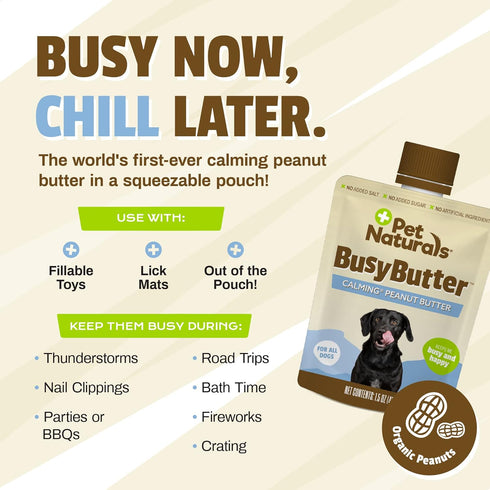 6 Pet Naturals BusyButter Easy Squeeze Calming Peanut Butter for Dogs, Pouches - Great for Treats, Lick Mats, Training