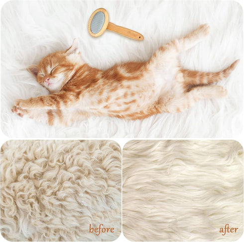 Sheepskin Wool Brush - Stainless Steel Pins Bamboo Slicker Carding Rug Comb for Unmat Fur Rugs, Short Hair Grooming