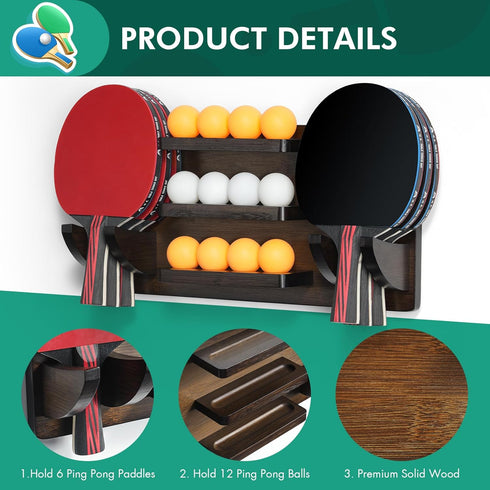 ikkle Wall Mounted Ping Pong Paddle Holder for 6 Paddles and 12 Balls, Table Tennis Racket Display Organizer