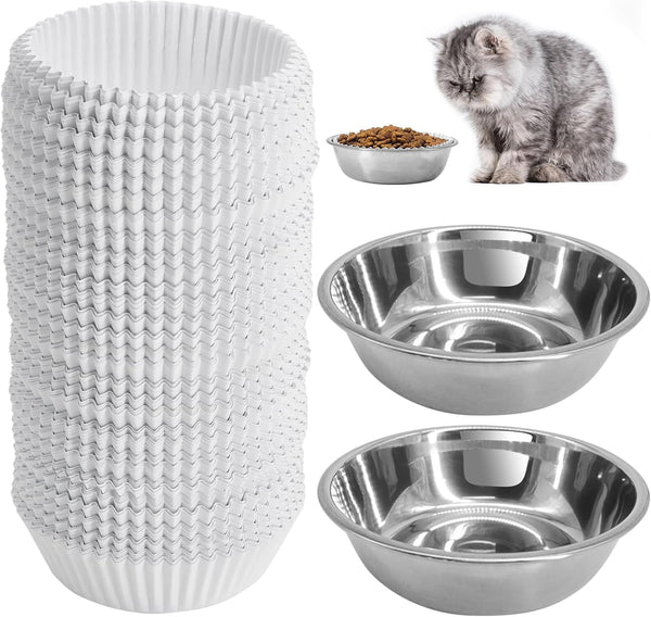 300PCS Disposable Cat Food Bowls & 2PCS Stainless Steel Bowls, Small Paper Plates for Cat Dog Feeding