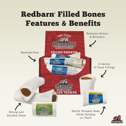 Redbarn Large Filled Dog Bones, Cheese & Bacon Flavor - Long Lasting Stuffed Femur Chew Treat (4 Count)