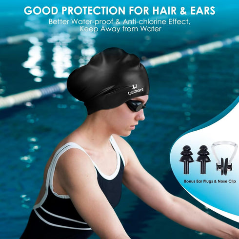 Large Long Hair Swim Cap - Silicone Swimming Cap for Women Men, Extra Room for Long Thick Hair with Ear Plugs