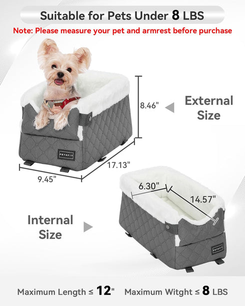 8 Lbs PETSFIT Center Console Dog Car Seat with Safe Protection Hooks, Pet Car Seat with Upgraded Safety Tethers
