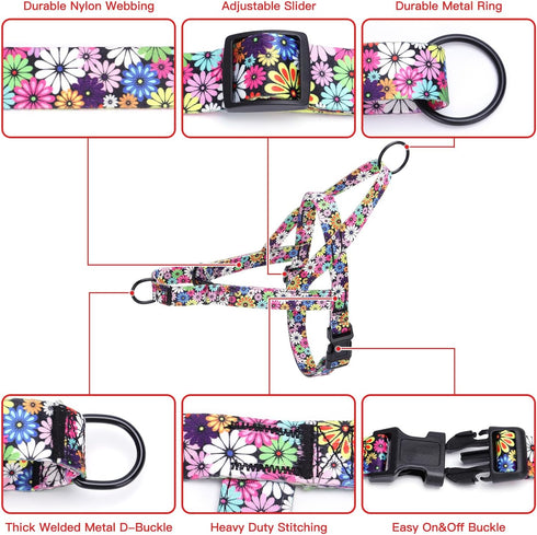 No Pull Dog Harness, Easy Walk for Small, Medium, Large Pets, Floral Pattern Safety Nylon Training Harness (Fireworks,