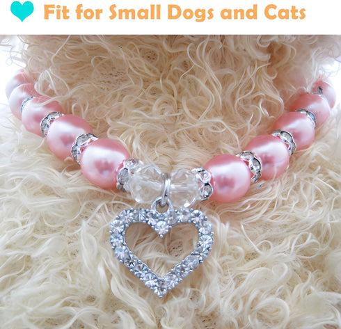 Engraved Crystal Heart Dog Necklace Jewelry - Bling Pearls Rhinestones Charm for Pets, Small Dogs, Girl Teacup