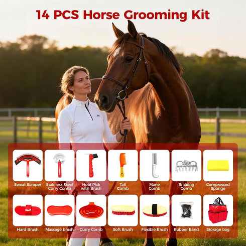 jhpsnpow 14PCS Set Horse Grooming Kit, Professional Brush Supplies for Bathing & Care, Mane Tail Curry Comb, Sweat