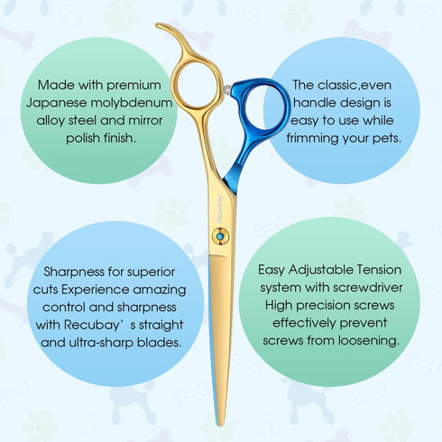 Dog Cat Scissors for Grooming, Stainless Steel Shears for Thick Coats, Matted Hair, Thinner Curved Straight Chunker