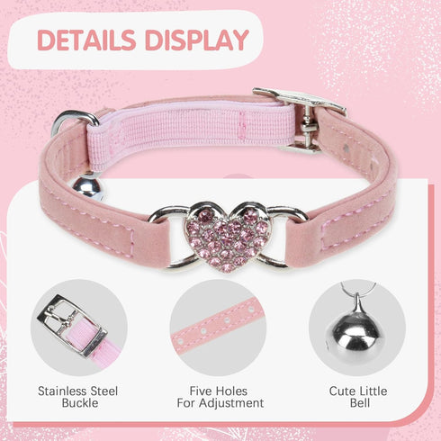 BINGPET Diamond Cat Collar, Adjustable Soft Velvet Leather Kitten Collar with Crystal Heart Charm, Pink