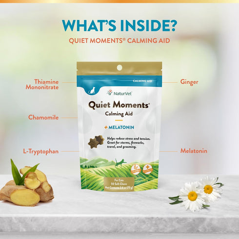 NaturVet Quiet Moments Calming Aid Cat Supplement Plus Melatonin - Reduces Stress in Cats, 50 Ct. Soft Chews
