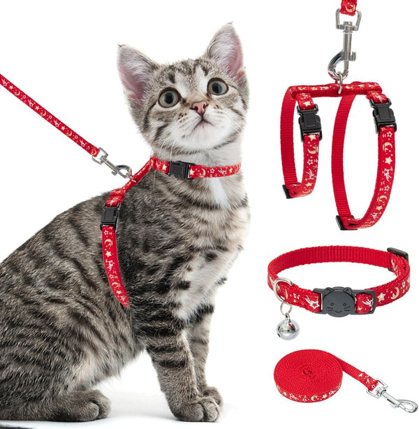 PAWCHIE Escape Proof Adjustable H-shaped Cat Harness with Leash and Collar Set - Glow in The Dark Star and Moon Pattern