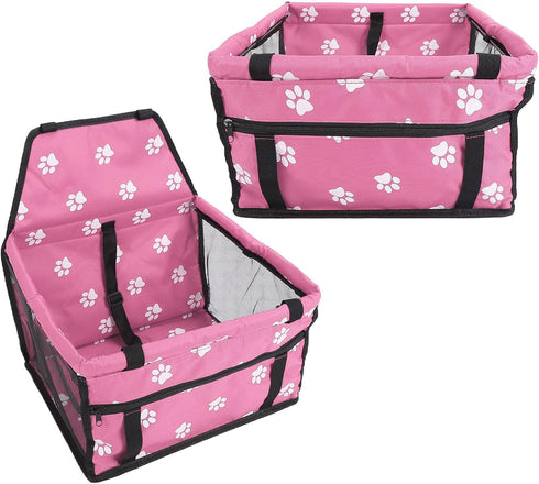Pet Safety Seat with Oxford Cloth Bear Paw Pattern, Washable Adjustable Strap Carrier Storage Bag for Travel (Pink Paw