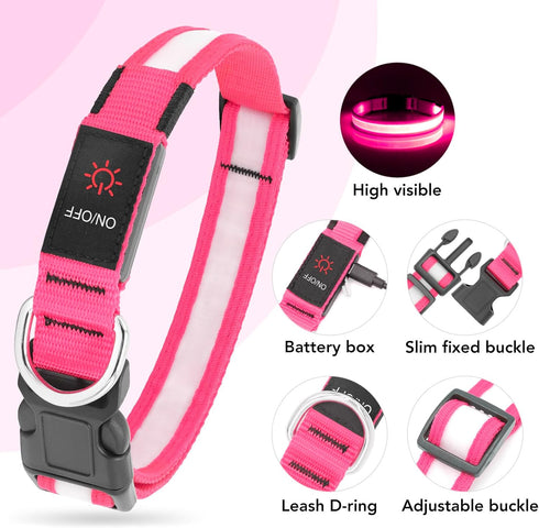LED Dog Collar, Adjustable USB Rechargeable Light Up Collar, Super Bright Glowing Safety Collars for Dogs (Medium, Pink)