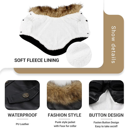 LESYPET Dog Leather Jacket for Small Dogs - Puppy Coat Double Layer with Warm Fleece Lined, Black