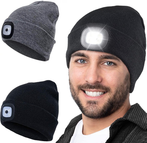 Tutuko LED Beanie with Light, 2-Pack, Rechargeable Lighted Cap, Headlamp Hat, Gifts for Men and Women