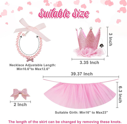 Dog Birthday Outfit Pink Tutu with Birthday Hat, Necklace & Bowtie Hairpin for Dogs (16-23 inch Wrist)