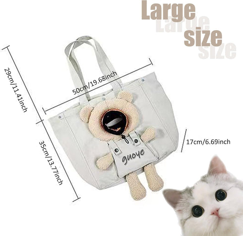 Bear-Shaped Pet Canvas Shoulder Bag, Khaki Bear-Large, Pet Out Bag for Dogs and Cats
