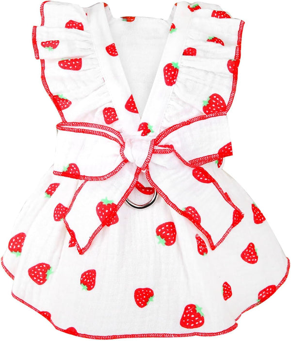 Dog Dresses for Small Dogs Girl | Cute Cotton Strawberry Printed Birthday Outfit for Small Puppies, White XS