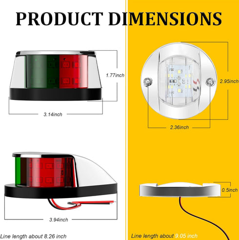 (1Pcs 2Pcs PSEQT Boat Navigation Lights LED Waterproof Marine Bow Stern Side Interior Deck Transom Lights w/Chrome