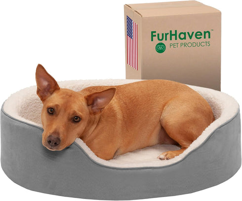 Furhaven Orthopedic Dog Bed for Large/Medium Dogs, Sherpa & Suede Oval Lounger, Removable Washable Cover, Gray, Large,