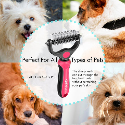 OneCut Pet Grooming Brush and Metal Comb Combo, Double Sided Deshedding Tool for Small, Medium & Large Dogs (Red)