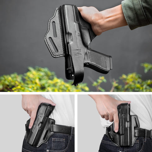 OWB Thumb Break Holster for Glock 17, 19, 19x, 22, 23, 31, 32, 45, Full Grain Leather, Right Hand