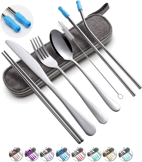 Travel Utensils Set with Case, 8pcs Reusable Stainless Steel Cutlery Including Knife, Fork, Spoon, Chopsticks (Silver)