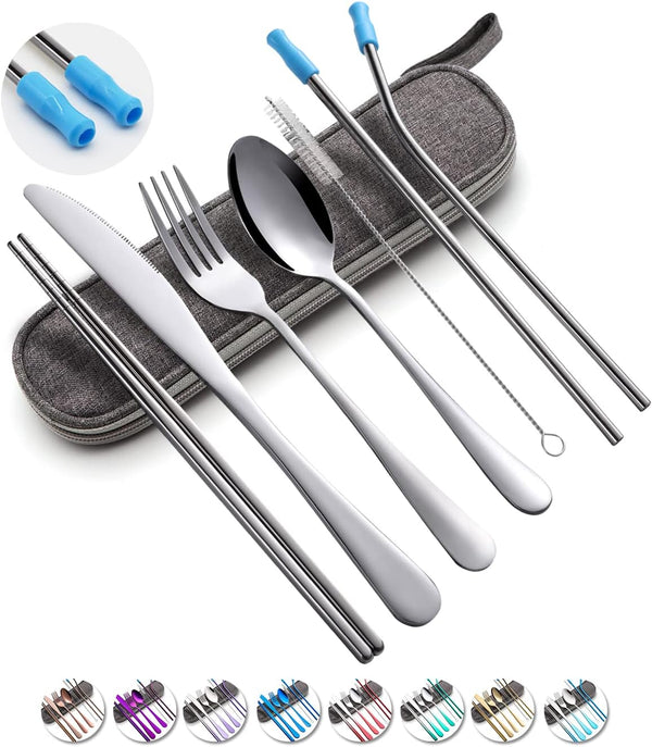 Travel Utensils Set with Case, 8pcs Reusable Stainless Steel Cutlery Including Knife, Fork, Spoon, Chopsticks (Silver)