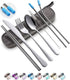 Travel Utensils Set with Case, 8pcs Reusable Stainless Steel Cutlery Including Knife, Fork, Spoon, Chopsticks (Silver)