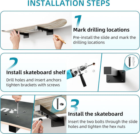 Skateboard Wall Mount, Longboard Shelves for Deck Display and Decor, Floating Storage Rack Mount on Wall - 4 Pack