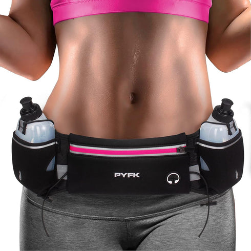 PYFK Upgraded Running Belt with Water Bottles, Hydration Pouch for Men and Women, Fits 7 inches Phones, Fanny Pack for