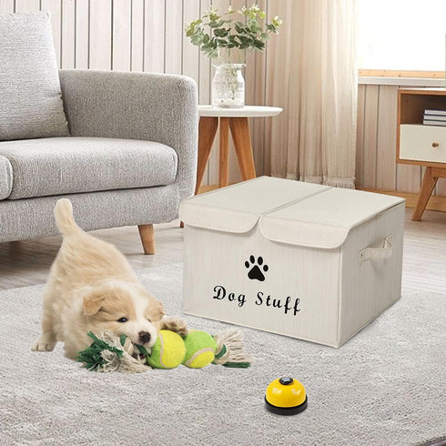 Geyecete Large Linen Fabric Storage Boxes, Foldable Bin Box Containers with Lid and Handles for Dog Apparel & Toys -
