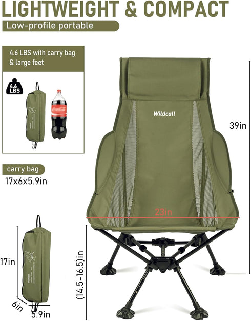 WildCall Lightweight Folding High Back Camping Chair with Head Support, Compact Beach Chair with Anti-Sinking Large