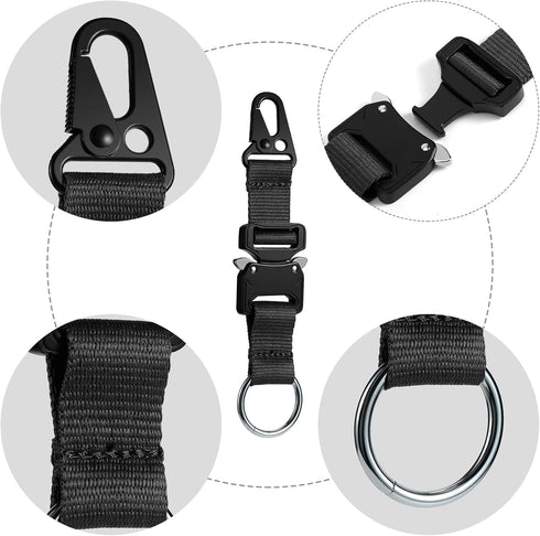 Tactical Keychain with Heavy Duty Quick Release Metal Buckle, EDC Gear Clips with HK Clip and Stainless Steel Ring